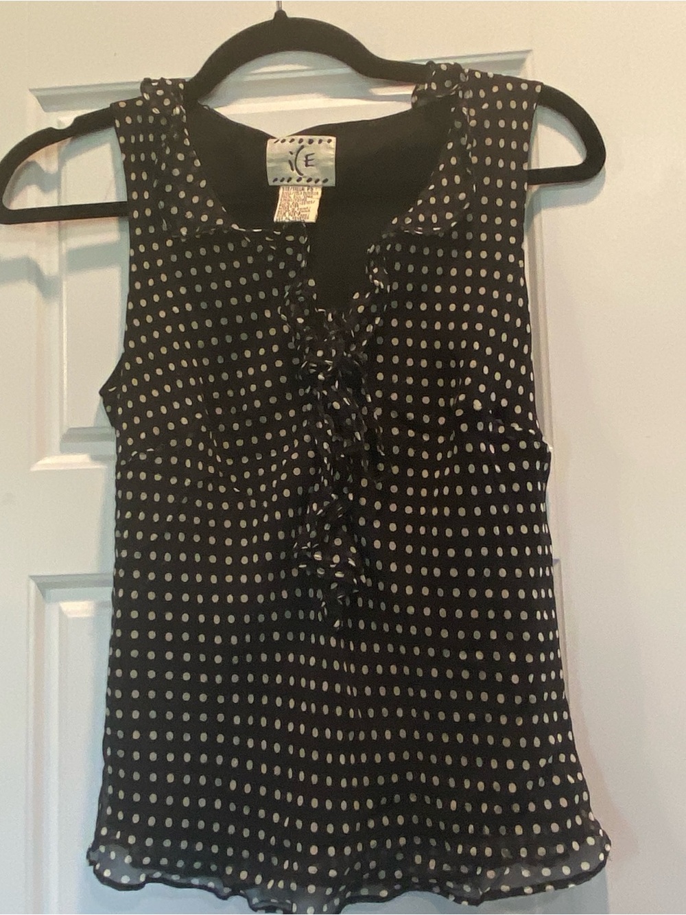 Vintage Black Polka Dot Ruffle Front Top